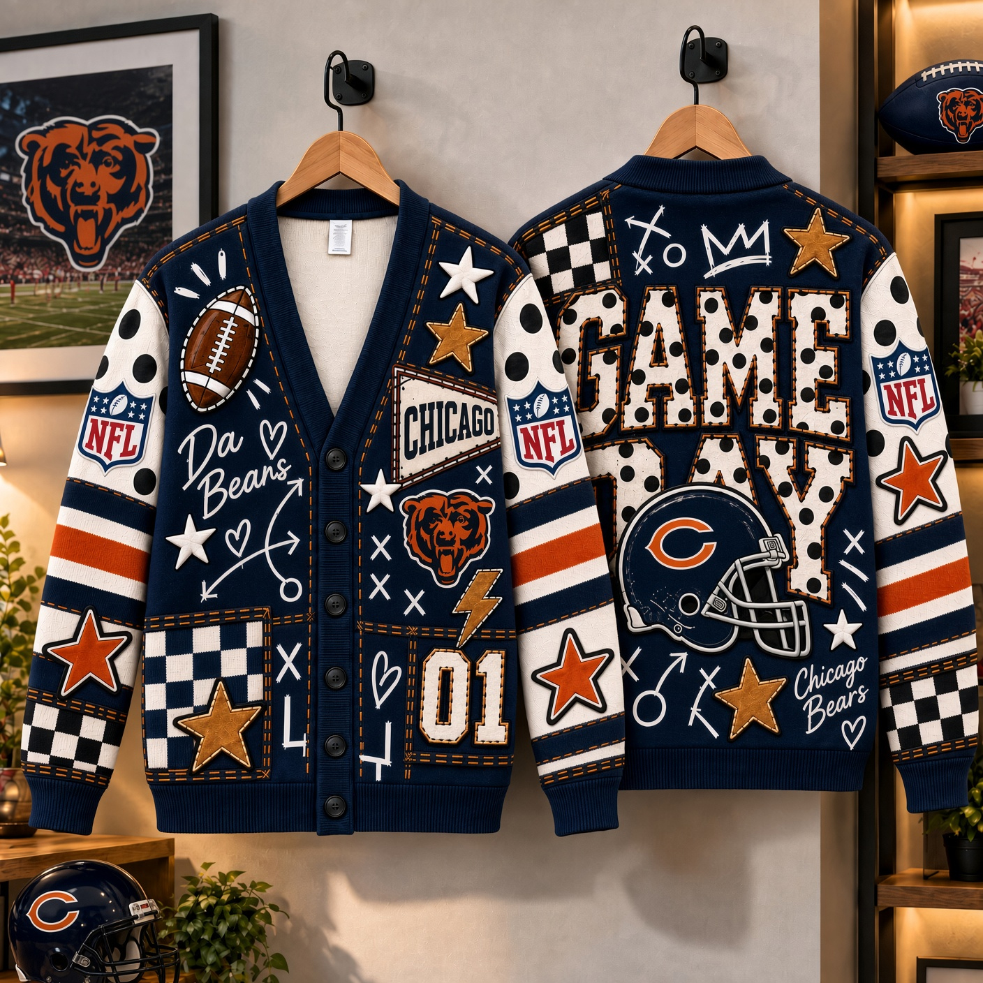 Chicago Bears Cardigan, Bear Down Chicago Knit Layer, Monsters Of The Midway Fan Style