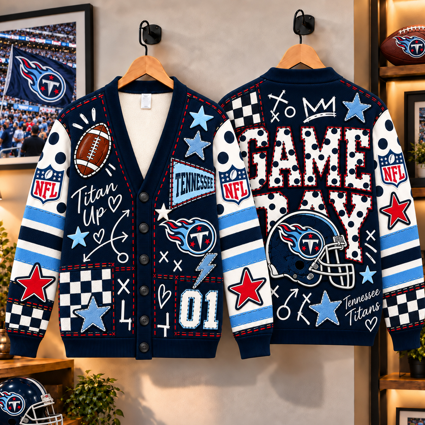 Tennessee Titans Cardigan, Titan Up Two Tone Blue Sweater, Nashville Football Weekend Outfit