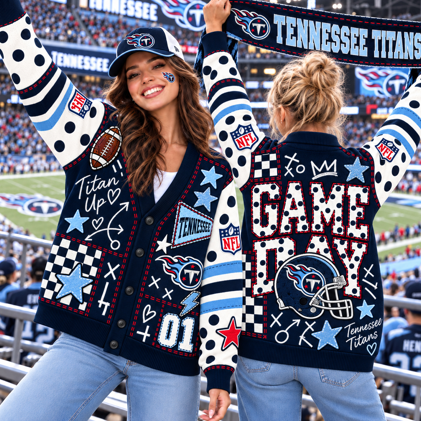 Tennessee Titans Cardigan, Titan Up Two Tone Blue Sweater, Nashville Football Weekend Outfit
