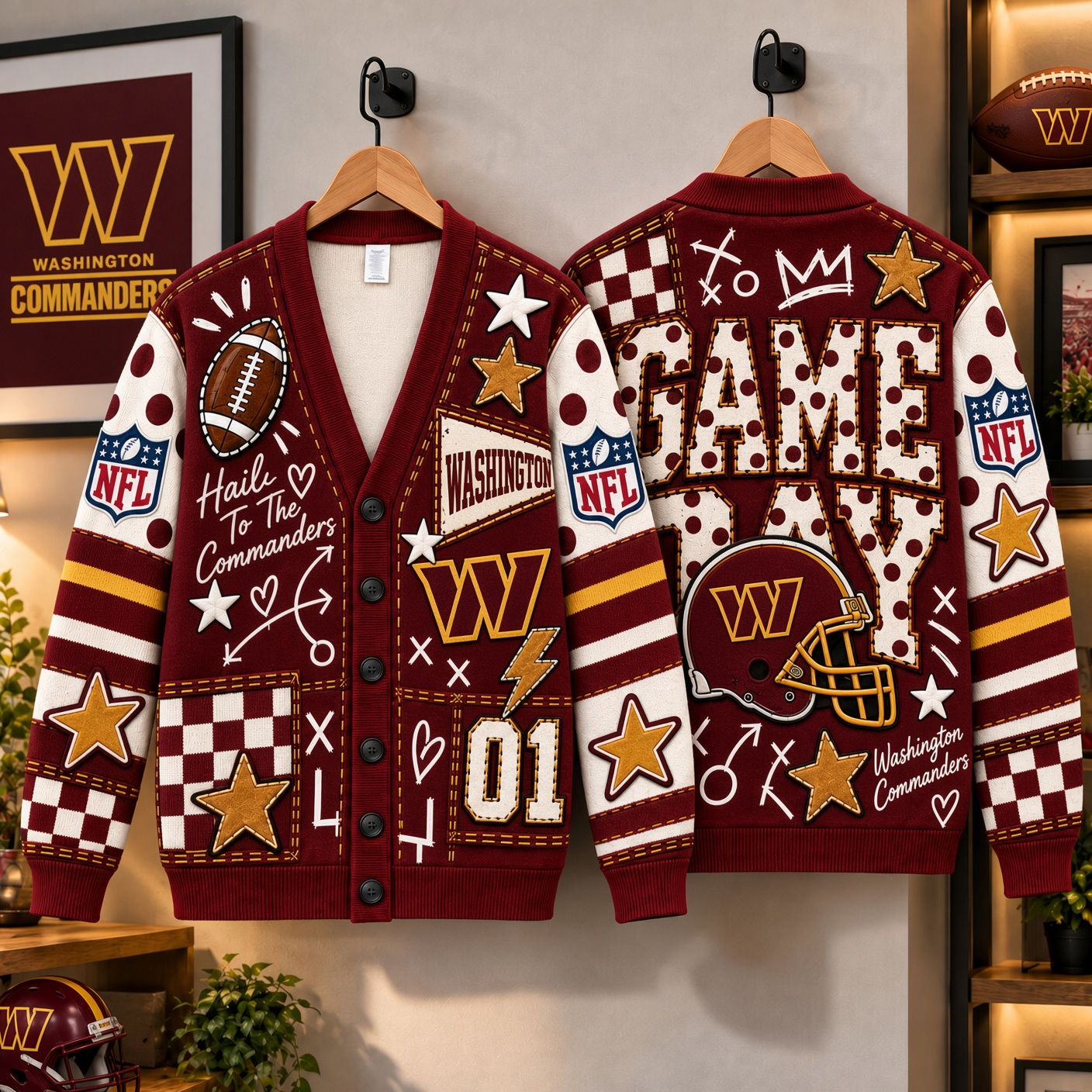 Washington Commanders Cardigan, Raise Hail DC Knit Sweater, Burgundy And Gold Sunday Style