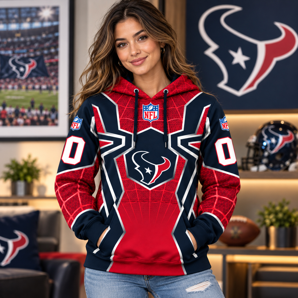 Houston Texans 3D Hoodie, HOU We Are Texans in Battle Red, Deep Steel Blue Houston Gridiron Pride