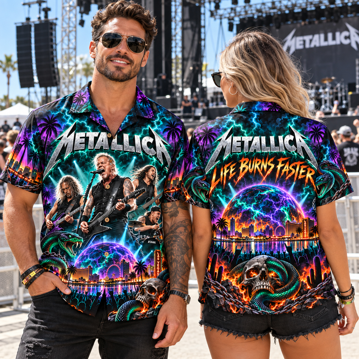Metallica Snake And Skulls Black Hawaiian Shirt, Life Burns Faster Sphere Concert Las Vegas 2026
