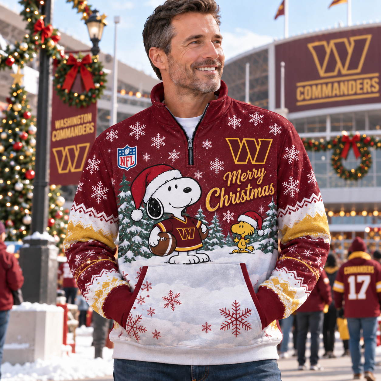 Washington Commanders Christmas Cartoon Quarter Zip Pullover, Burgundy Gold Holiday Layer, DC Fan Gift