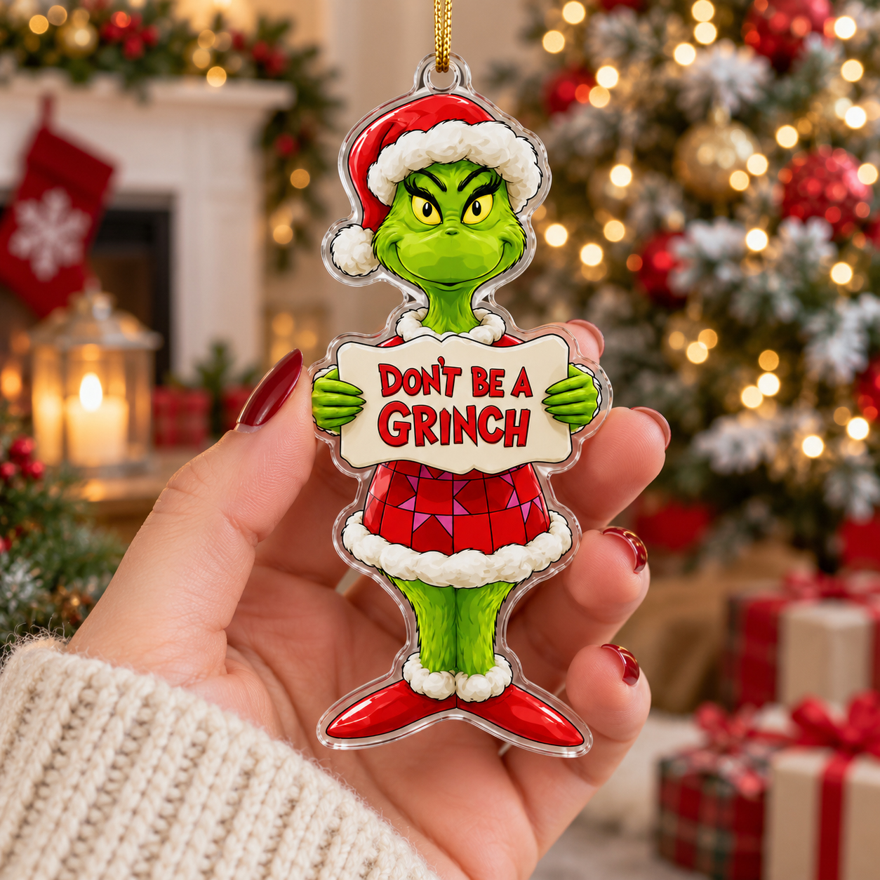 Grinch Climbing Ladder with Presents Acrylic Ornament, Playful Grinchmas Holiday Decoration, Festive Gift for Grinch Fans
