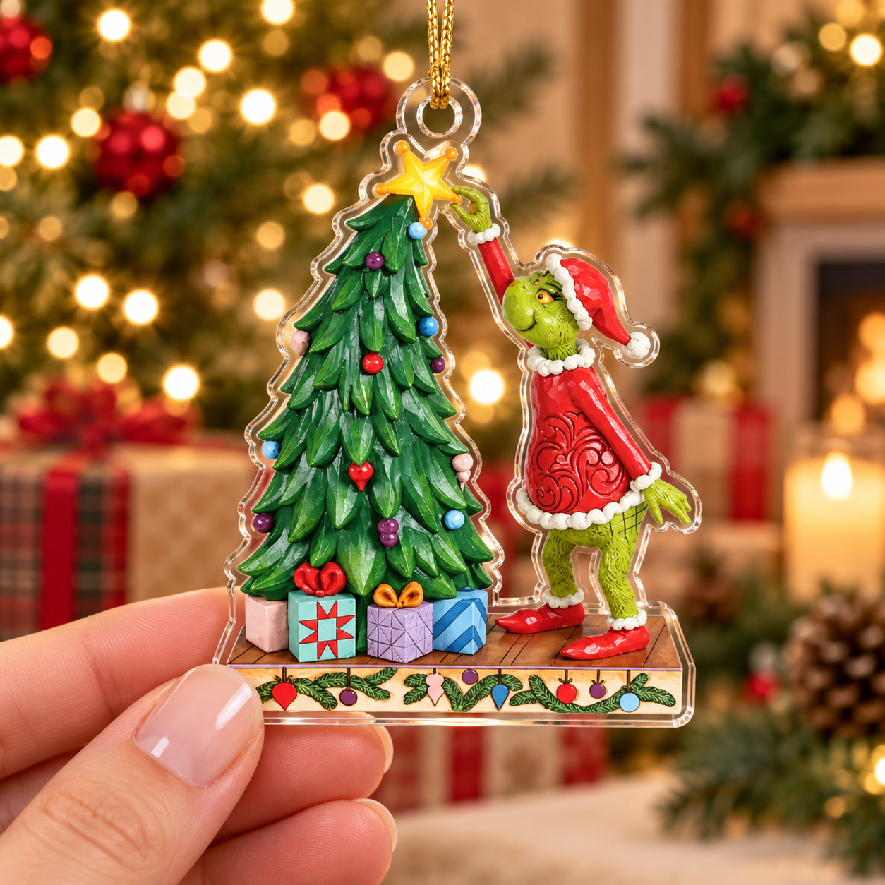 Grinchmas Ladder Acrylic 2D Ornament, Christmas Ladder Scene Hanging Decor, Festive Family Keepsake