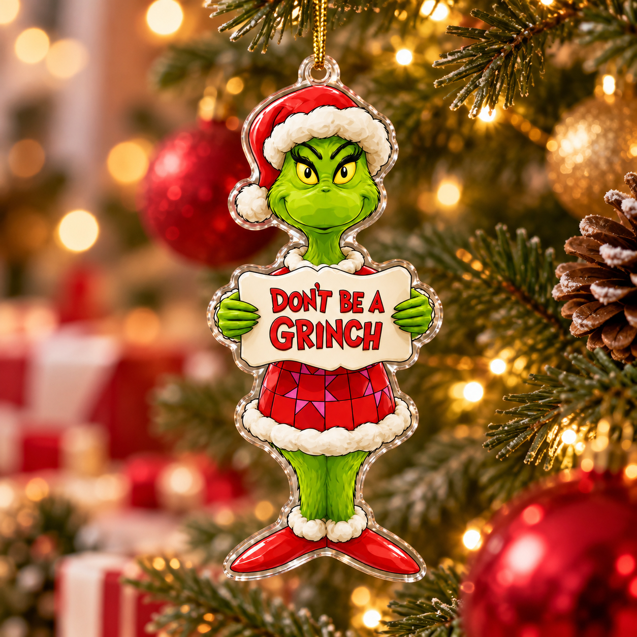 Grinch Climbing Ladder with Presents Acrylic Ornament, Playful Grinchmas Holiday Decoration, Festive Gift for Grinch Fans