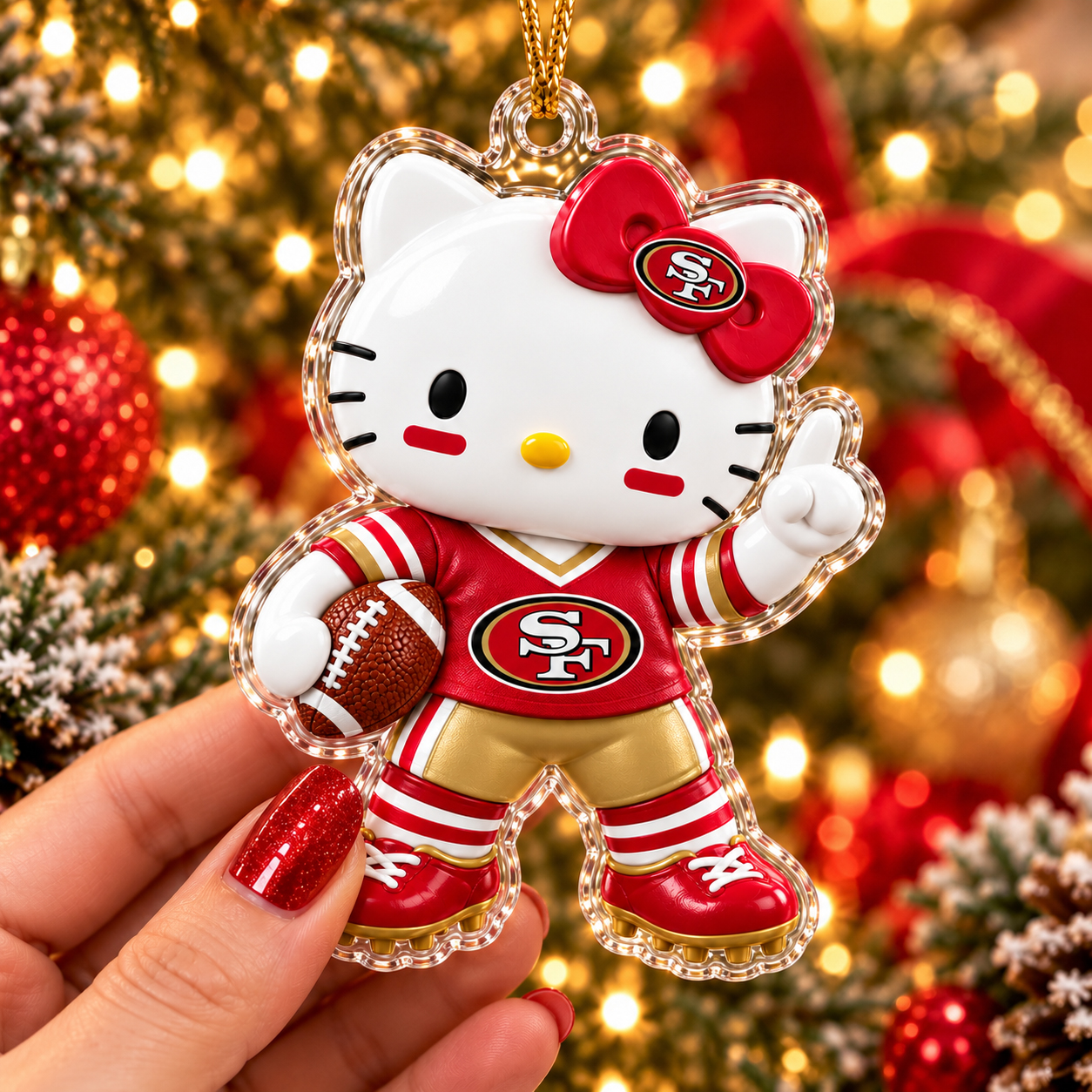 San Francisco 49ers Hello Kitty Christmas Ornament, Football Fan Acrylic Keepsake, Festive Tree Decoration, Holiday Sports Gift