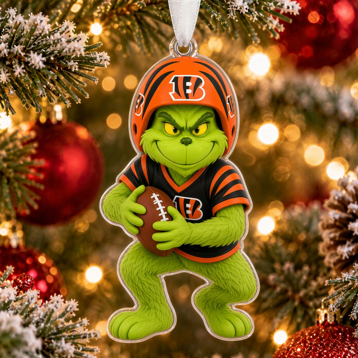 Cincinnati Bengals Grinch Christmas Tree Ornament, Flat Acrylic 2D Football Decor, Sports Fan Holiday Gift, Christmas Keepsake