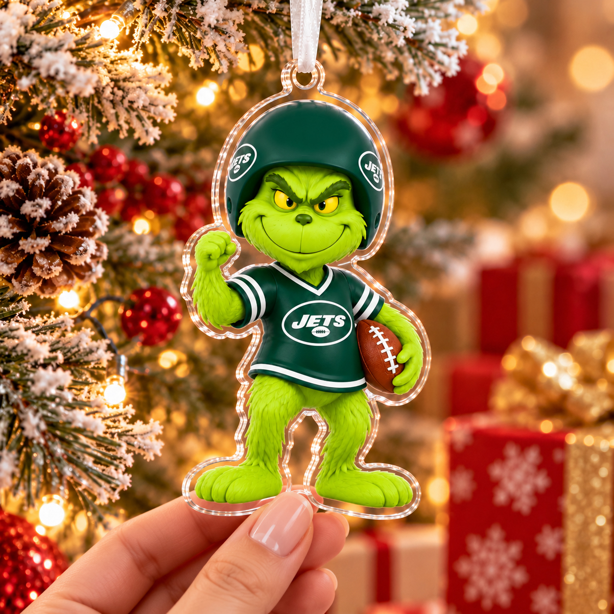 New York Jets Grinch Football Christmas Ornament, Acrylic 2D Tree Decoration, Holiday Sports Gift, Football Fan Keepsake