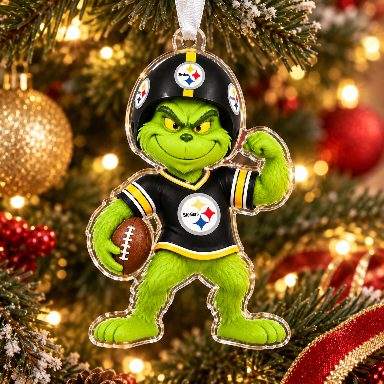 Pittsburgh Steelers Grinch Christmas Ornament, Acrylic 2D Football Tree Decor, Holiday Fan Gift, Sports Christmas Keepsake