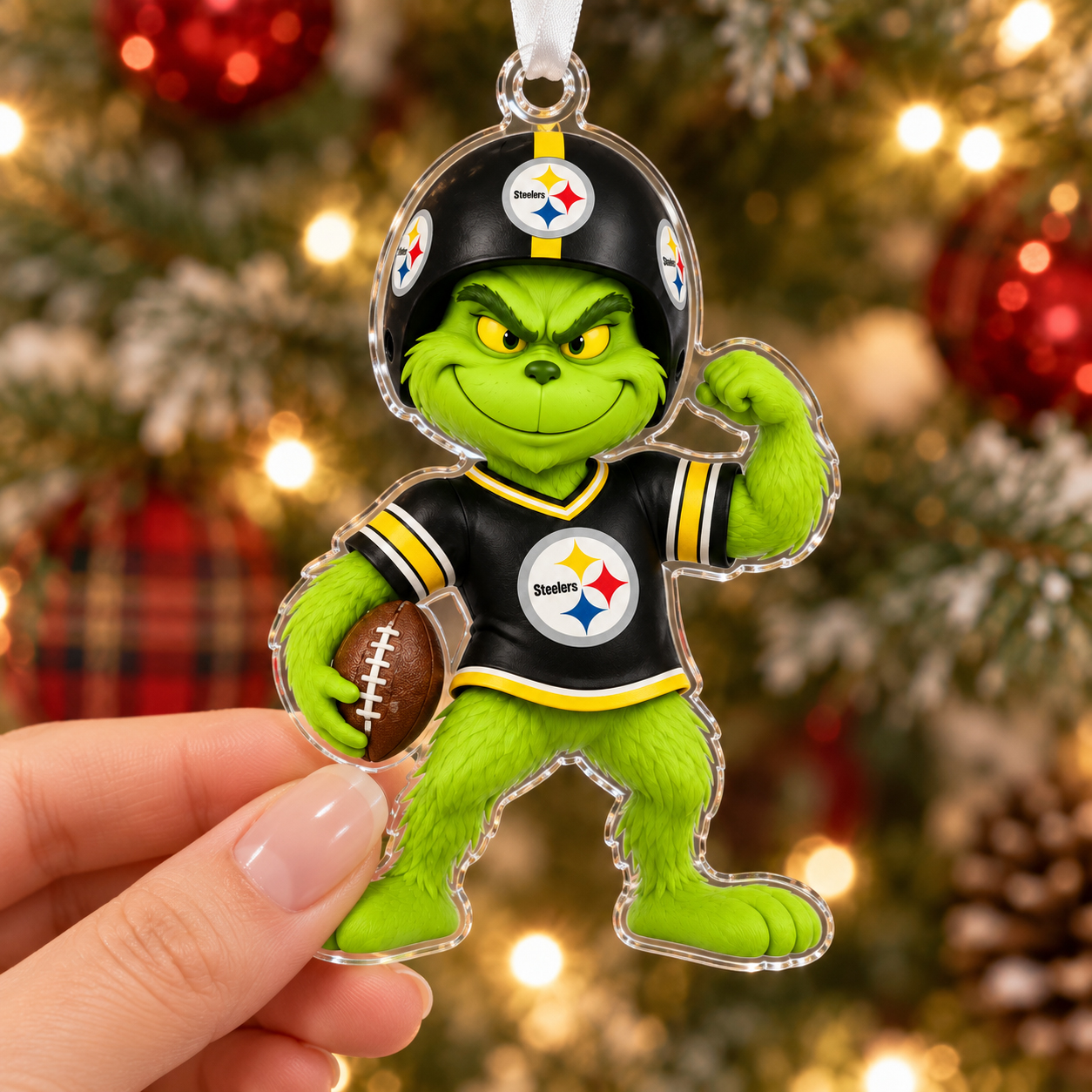 Pittsburgh Steelers Grinch Christmas Ornament, Acrylic 2D Football Tree Decor, Holiday Fan Gift, Sports Christmas Keepsake