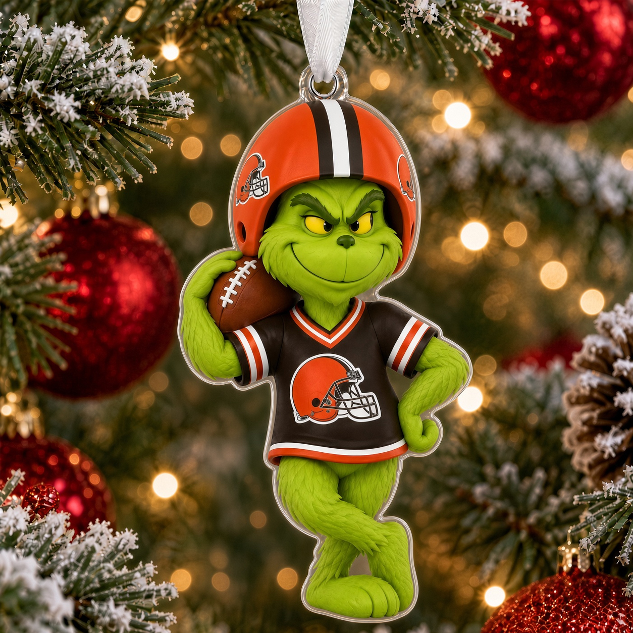 Cleveland Browns Grinch Football Ornament, Acrylic 2D Christmas Decoration, Team Spirit Holiday Gift, Festive Tree Keepsake