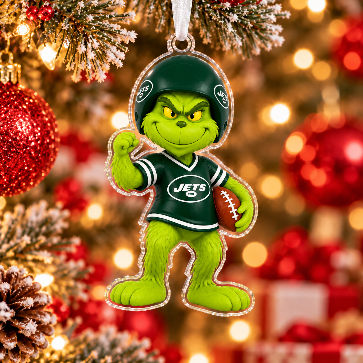 New York Jets Grinch Football Christmas Ornament, Acrylic 2D Tree Decoration, Holiday Sports Gift, Football Fan Keepsake