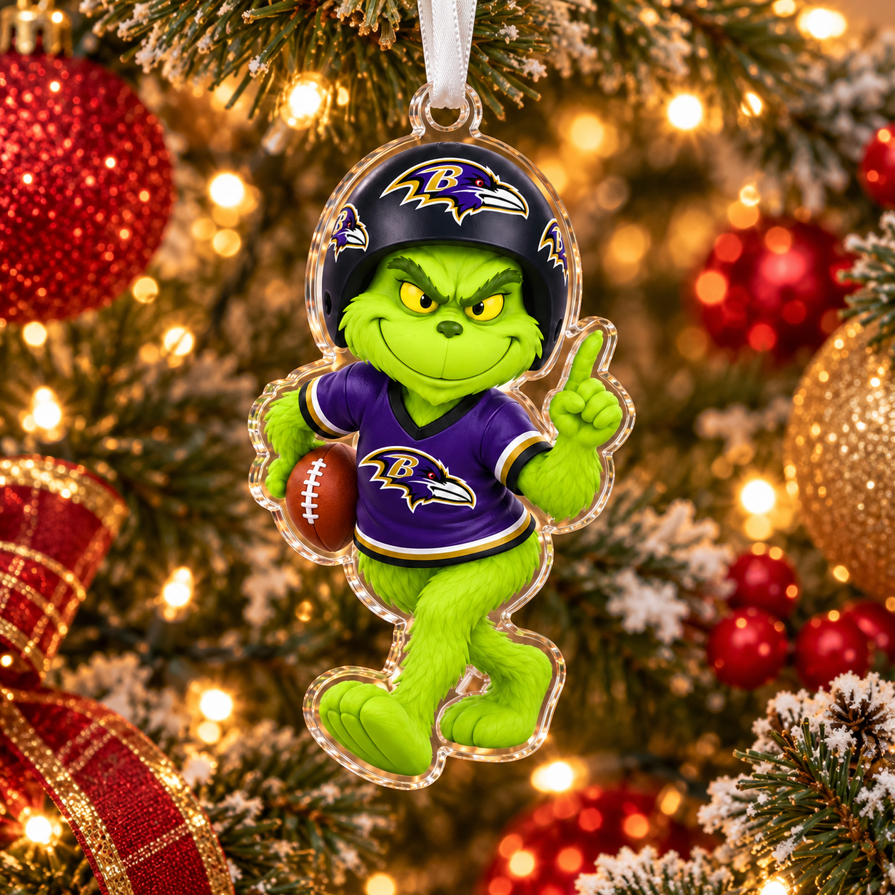 Baltimore Ravens Grinch Holiday Ornament, Acrylic 2D Football Christmas Decor, Team Fan Gift, Festive Tree Decoration