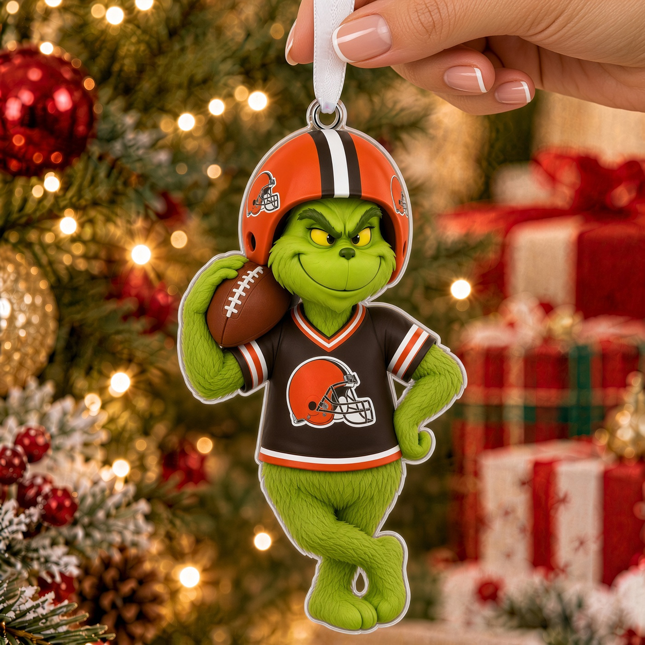 Cleveland Browns Grinch Football Ornament, Acrylic 2D Christmas Decoration, Team Spirit Holiday Gift, Festive Tree Keepsake