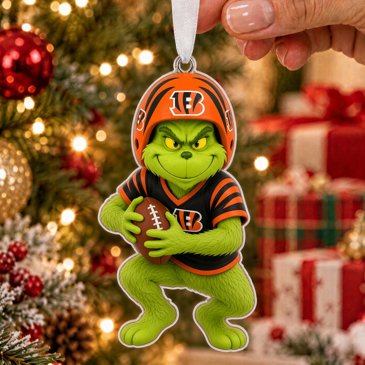 Cincinnati Bengals Grinch Christmas Tree Ornament, Flat Acrylic 2D Football Decor, Sports Fan Holiday Gift, Christmas Keepsake