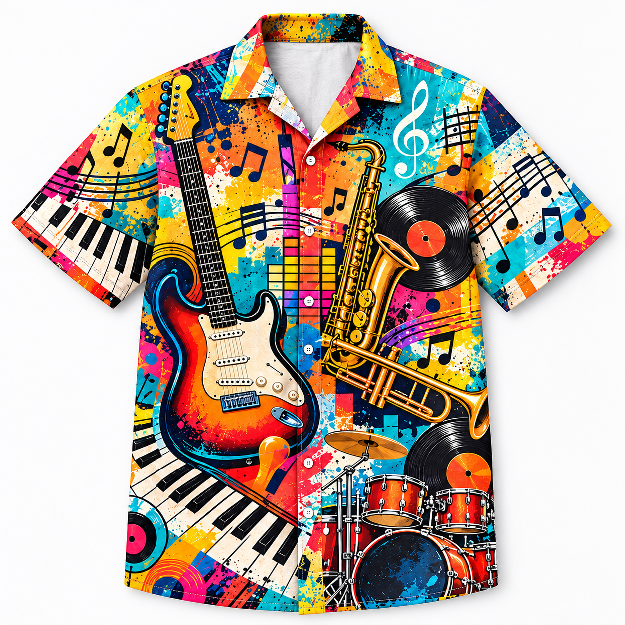 Color Splash Music Instruments Hawaiian Shirt, Guitar Saxophone Drums Keyboard, Musician Aloha Shirt