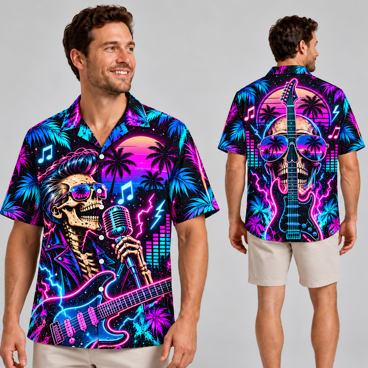 Pompadour Skeleton Guitarist Hawaiian Shirt, Retro Synthwave Sunset, Rockabilly Music Aloha