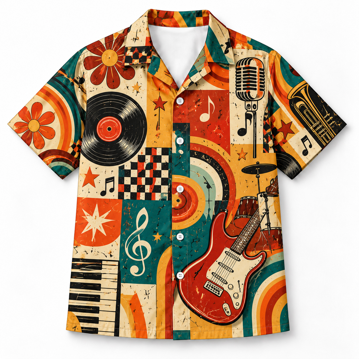 Vintage Music Collage Hawaiian Shirt, Guitar Vinyl Microphone Piano Keys, Retro Rock Aloha