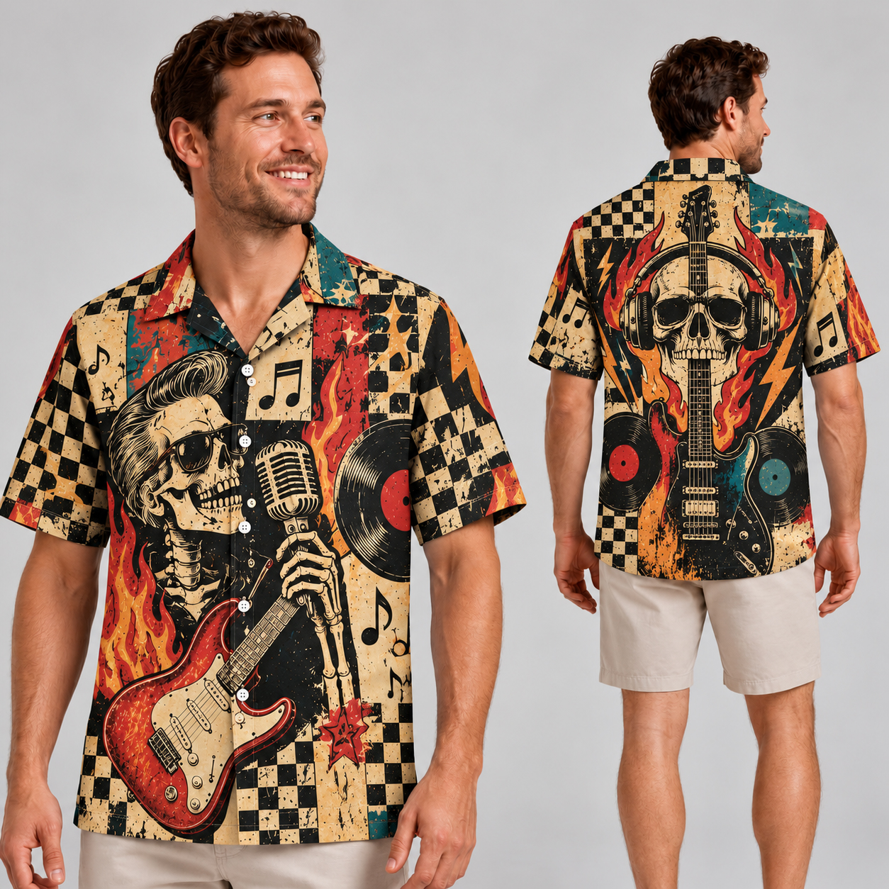 Rockabilly Skeleton Guitar Hawaiian Shirt, Vintage Microphone & Flames, Retro Rock N Roll Aloha