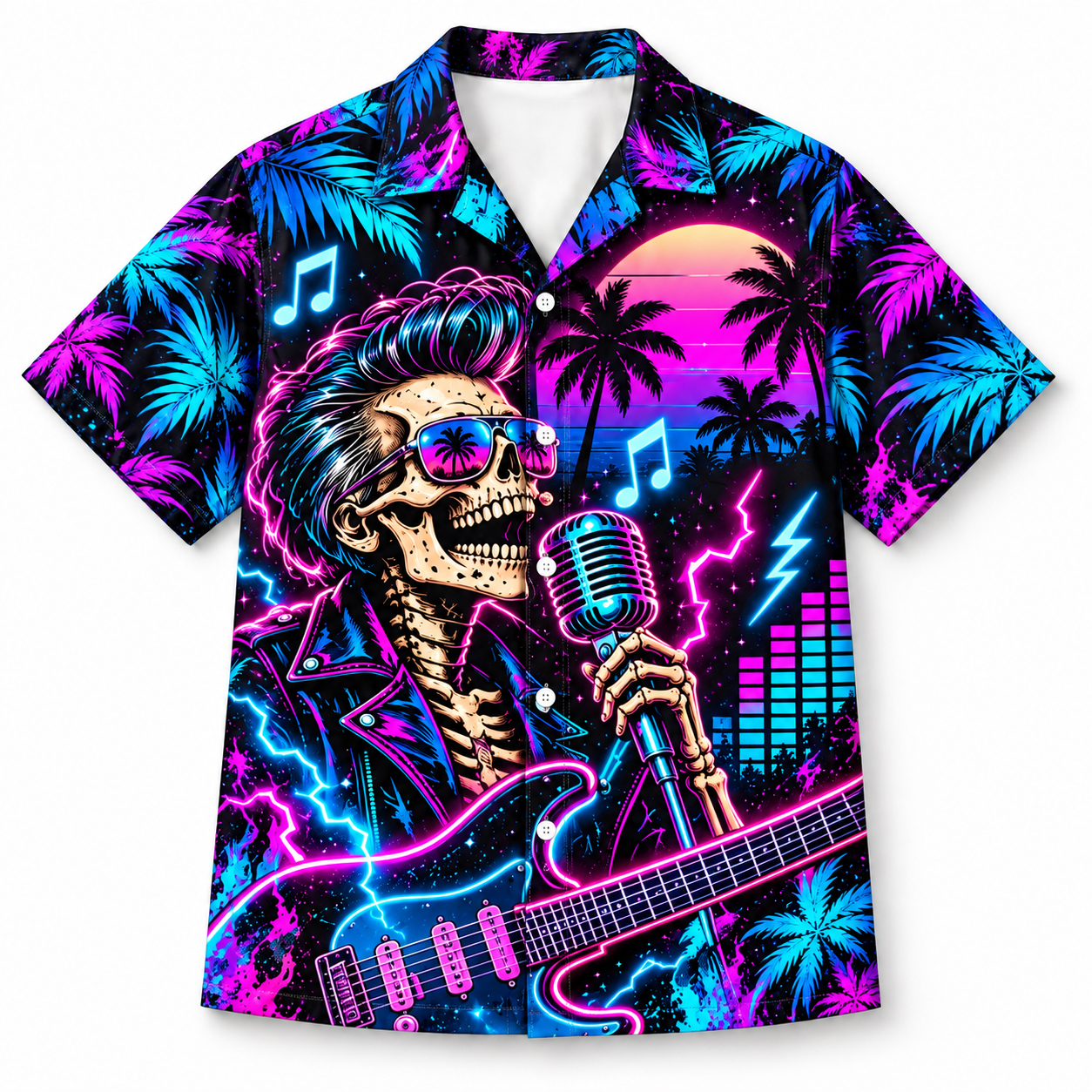 Pompadour Skeleton Guitarist Hawaiian Shirt, Retro Synthwave Sunset, Rockabilly Music Aloha
