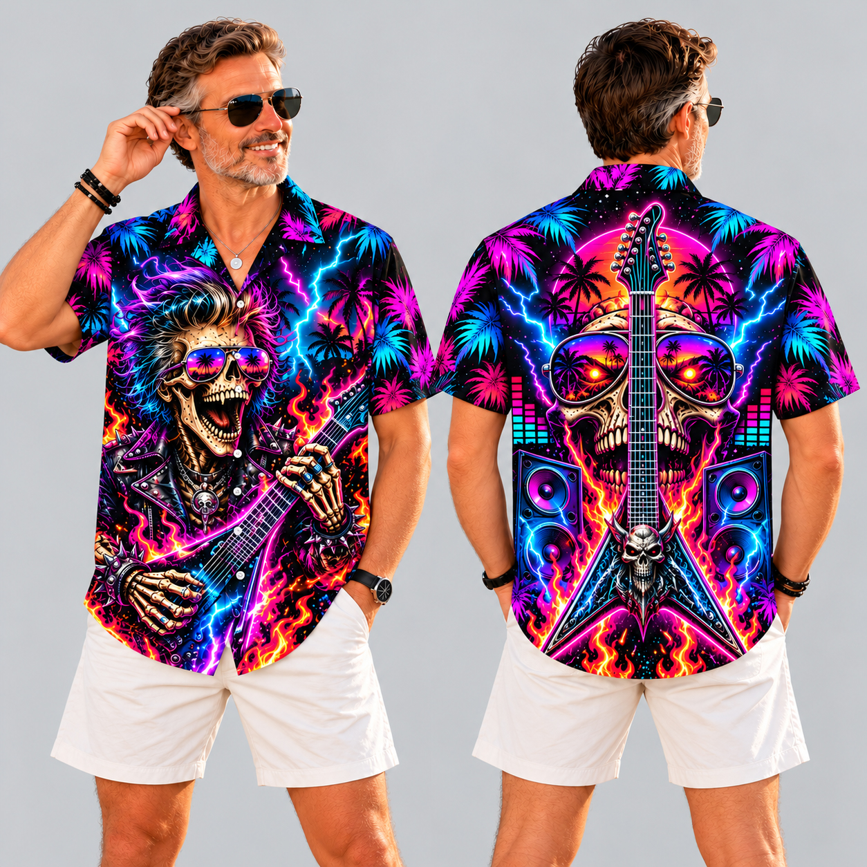 Neon Skeleton Guitarist Hawaiian Shirt, 80s Synthwave Flames & Lightning, Heavy Metal Festival Aloha