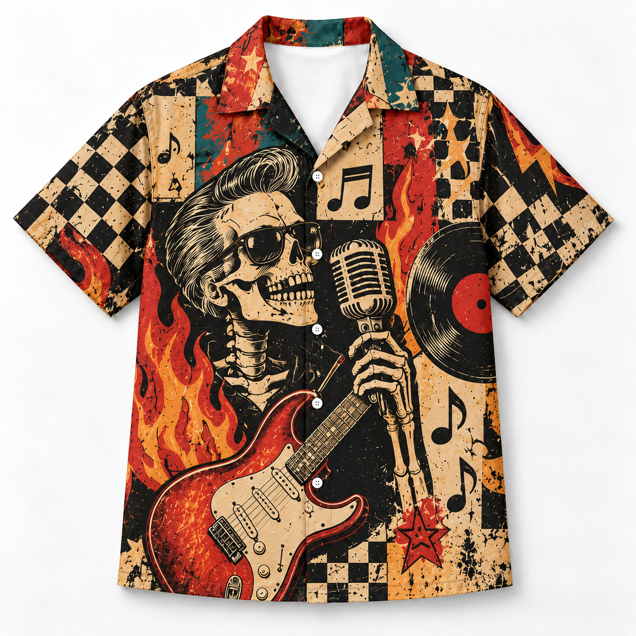 Rockabilly Skeleton Guitar Hawaiian Shirt, Vintage Microphone & Flames, Retro Rock N Roll Aloha