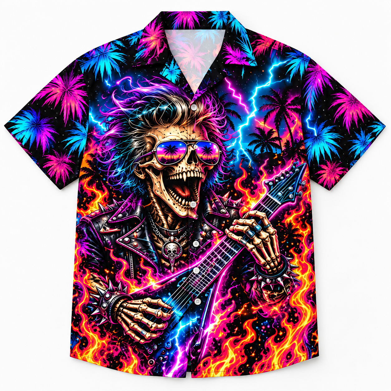 Neon Skeleton Guitarist Hawaiian Shirt, 80s Synthwave Flames & Lightning, Heavy Metal Festival Aloha