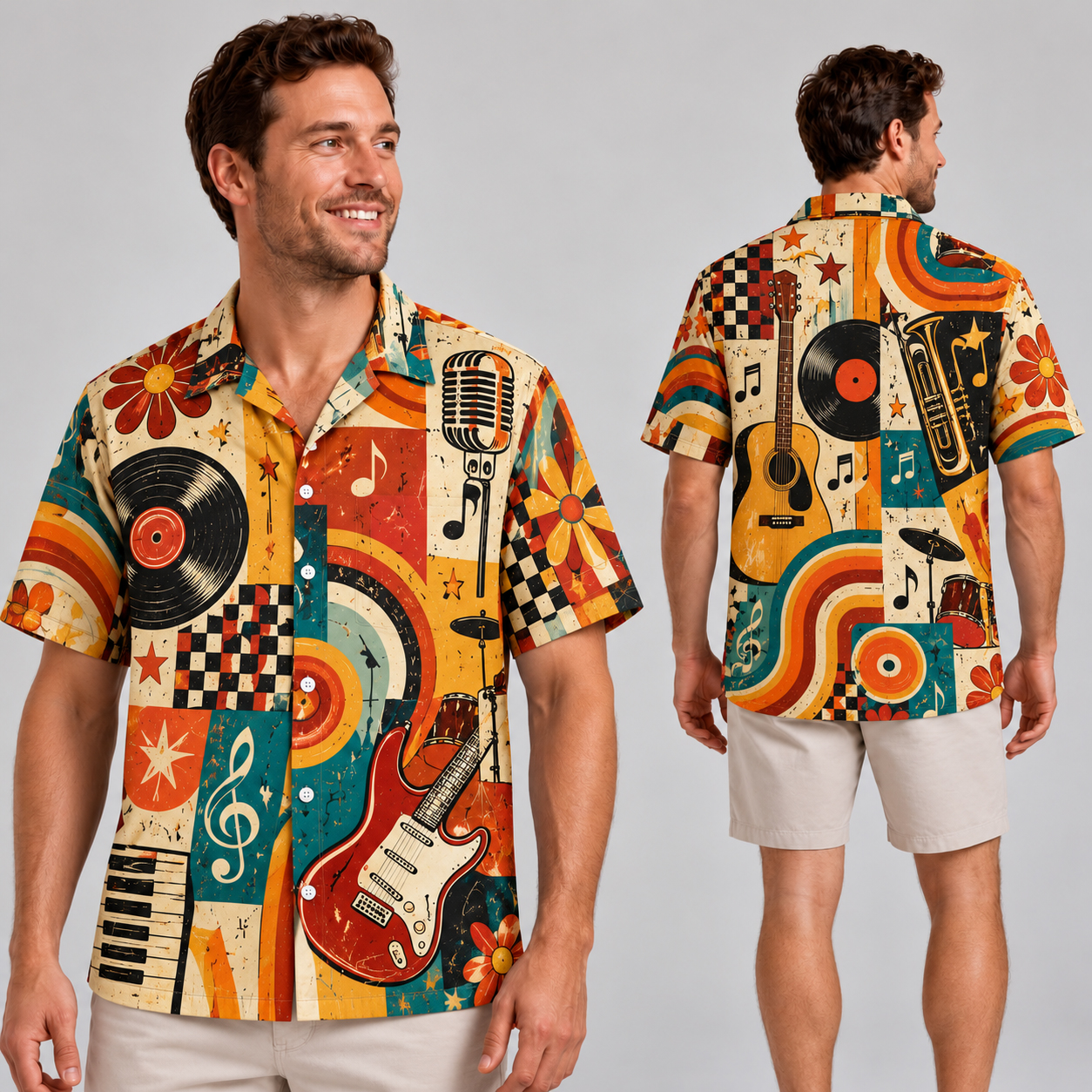 Vintage Music Collage Hawaiian Shirt, Guitar Vinyl Microphone Piano Keys, Retro Rock Aloha