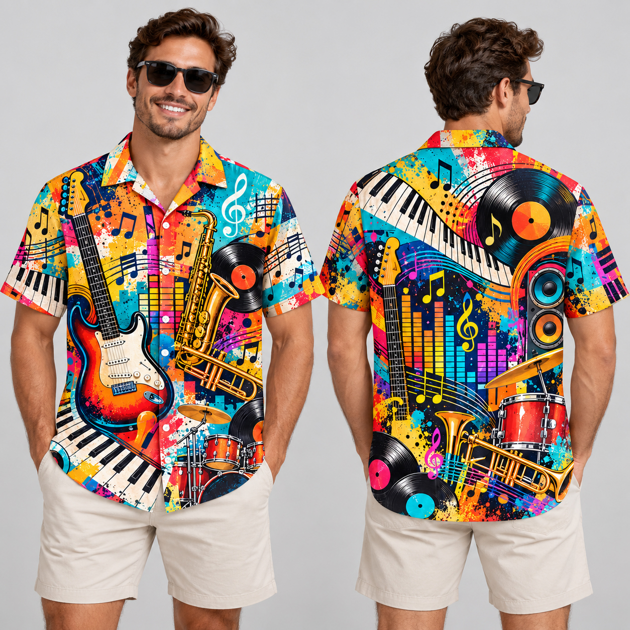 Color Splash Music Instruments Hawaiian Shirt, Guitar Saxophone Drums Keyboard, Musician Aloha Shirt