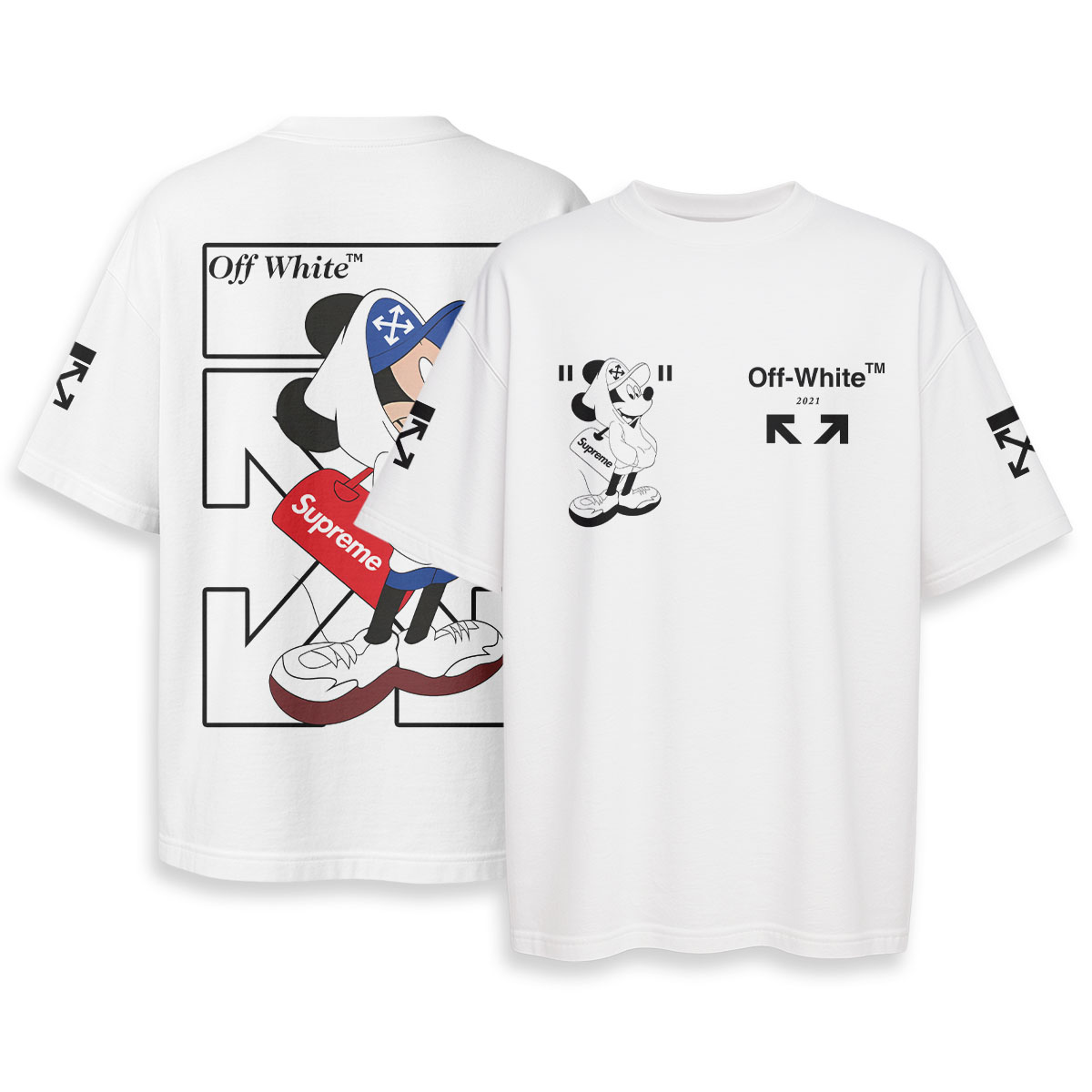 OFF WHITE, Mickey Mouse - Boxy Drop-Shoulder Tee - Streetwear Fashion