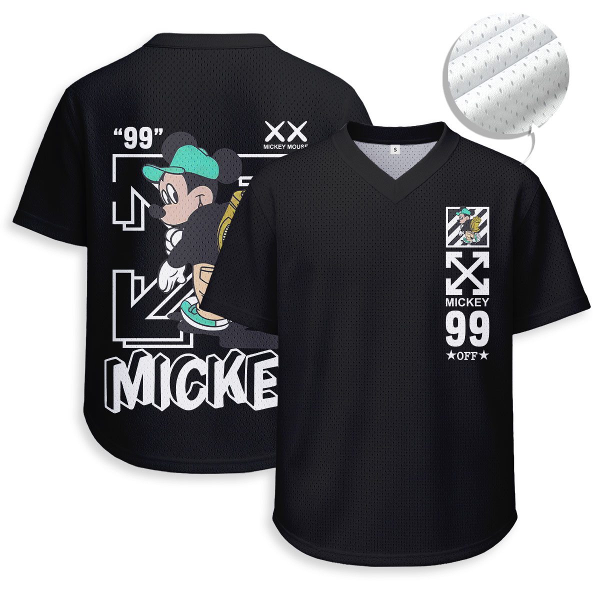 OFF WHITE, Mickey Mouse - Unisex V-Neck Mesh Tee - Relaxed Fit