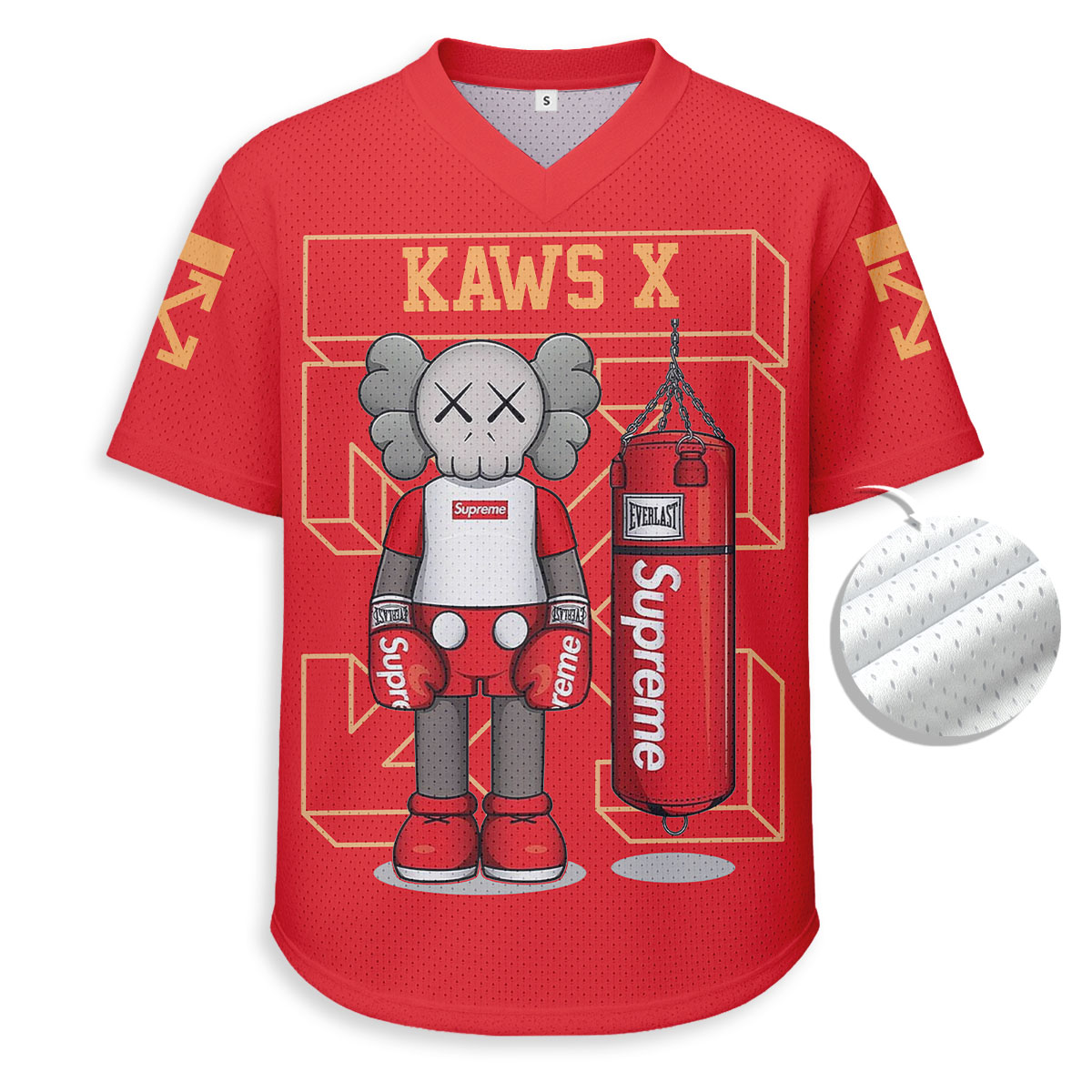 Off White x Supreme x Kaws - Unisex V-Neck Mesh Tee - Relaxed Fit